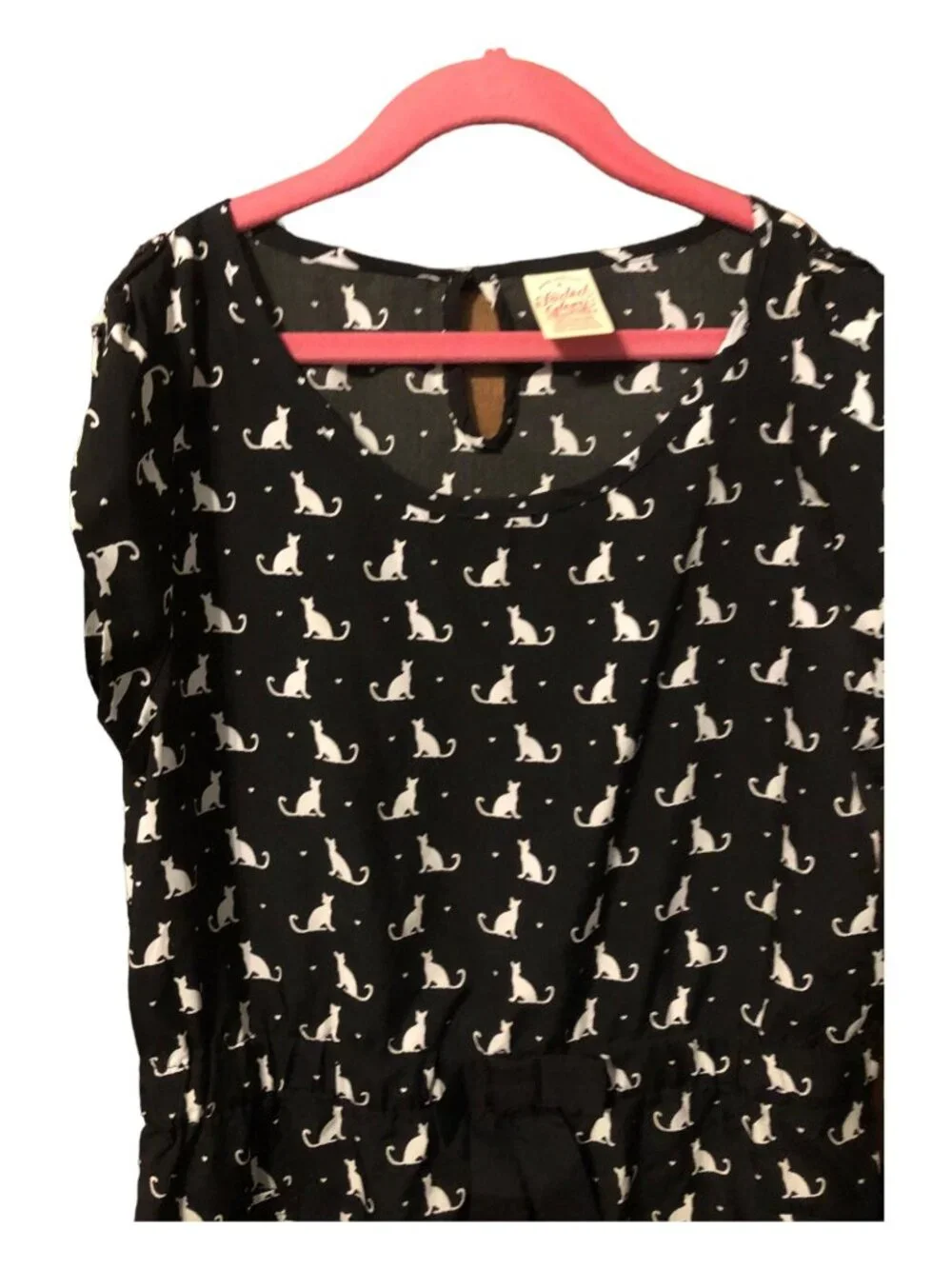 White Cat Print Black Short Sleeve Sun Dress Accent Bow Pockets Sz XL (14-6)
